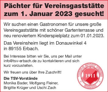 Pächter für Vereinsgaststätte zum 01. Januar 2023 gesucht!